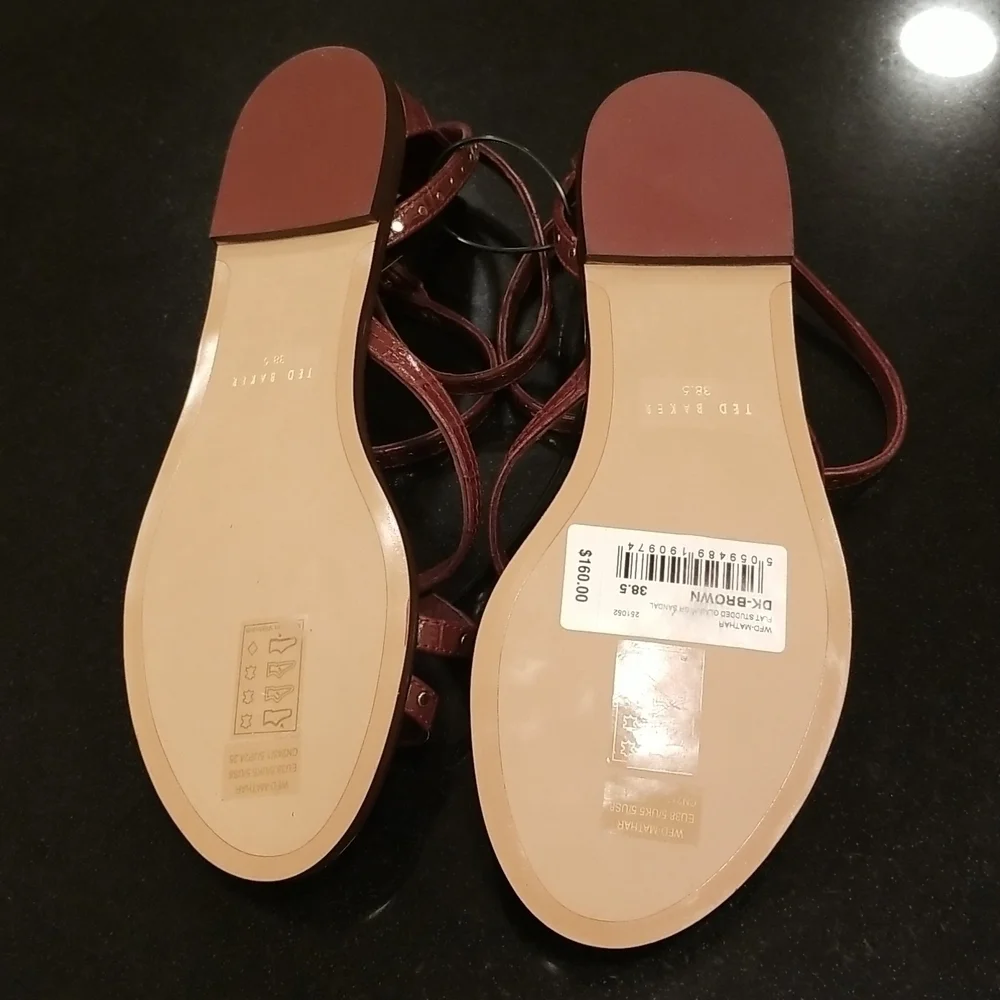 💕TED BAKER LONDON💕 Mathar Flat Studded Gladiator Sandal ~ Dark Brown 38.5 NWT